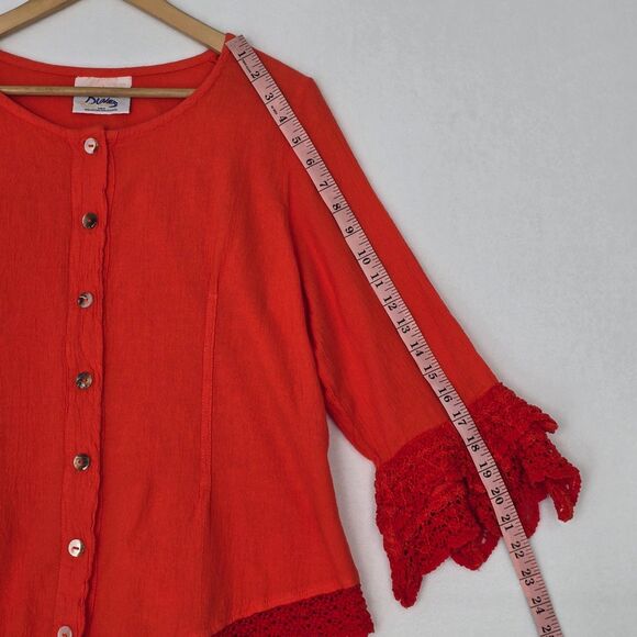 Dunes Relaxed Fashion Womens M Coral Orange Cotton Gauze Crochet Trim Blouse Top - Picture 12 of 12